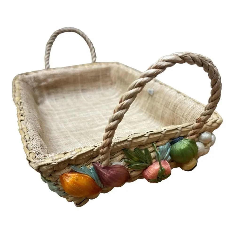 Vintage Cottage Fruit Basket Woven Raffia Harvest Centerpiece Decor